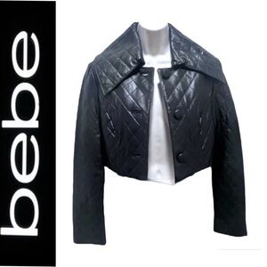 Vintage Bebe leather jacket, cropped, diamond quilt, exagerated collar, black,XS